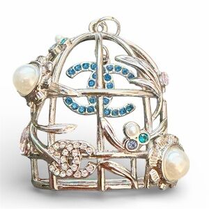 CHANEL Silver Tone Charm Birdcage with Blue and Pearl Accents